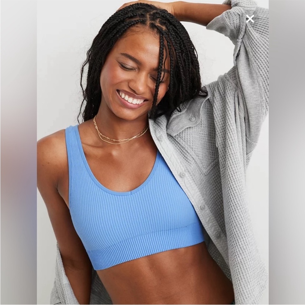 Aerie Blue Voop Ribbed Superchill V-Neck Seamless Bralette Padded Real Good XS